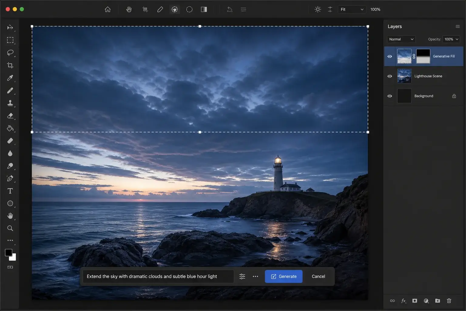 Генеративная заливка и расширение изображения в Photoshop