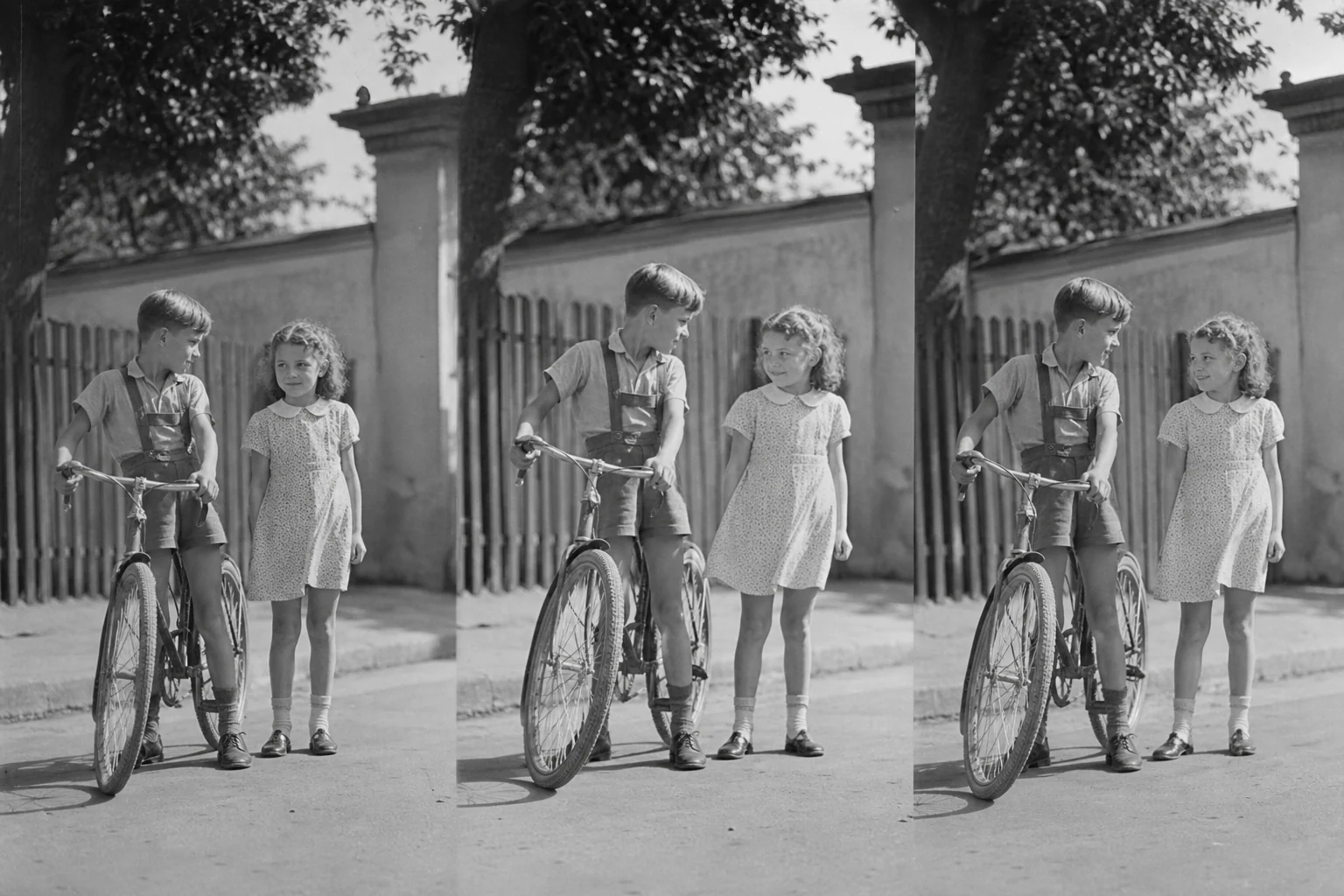 Последовательность движения на старой фотографии детей с велосипедом